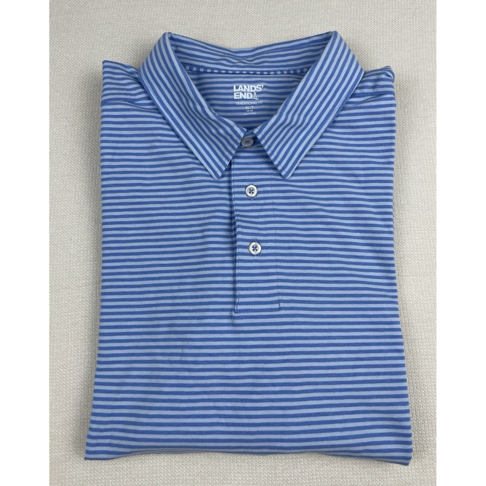 Lands End‎ Polo Shirt Mens XL/T (46-48) Blue Striped Outdoor Casual Preppy Golf